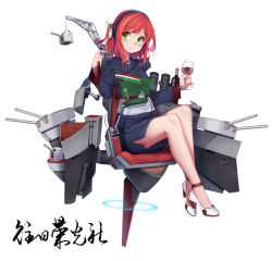 Rule 34 | 1girl, ankle strap, arnold-s, blue jacket, blue skirt, bottle, cannon, crane (machine), cup, drinking glass, full body, green eyes, headphones, high heels, holding, holding cup, jacket, long sleeves, machinery, military, military uniform, original, pencil skirt, red hair, san giorgio (cruiser), simple background, sitting, skirt, solo, strappy heels, swept bangs, thighs, turret, uniform, white background, wine bottle, wine glass