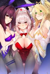 Rule 34 | 3girls, absurdres, achillodos, ahoge, animal ears, artoria pendragon (all), artoria pendragon (fate), artoria pendragon (swimsuit ruler) (fate), bare shoulders, blonde hair, blue pantyhose, blush, braid, braided ponytail, breasts, cleavage, clothing cutout, detached collar, fake animal ears, fate/grand order, fate (series), feather boa, fishnet pantyhose, fishnets, florence nightingale (fate), folded ponytail, french braid, gold trim, green eyes, grin, hair between eyes, hat, highleg, highleg leotard, highres, large breasts, leotard, long hair, looking at viewer, multiple girls, navel, navel cutout, necktie, nurse cap, pantyhose, pink hair, playboy bunny, ponytail, purple hair, purple leotard, rabbit ears, red eyes, red leotard, scathach (fate), scathach (piercing bunny) (fate), sidelocks, smile, thighs, tiara, white headwear, white leotard, wrist cuffs