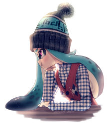 Rule 34 | 1girl, :t, absurdres, aqua hair, blue hat, blue shirt, bobblehat, closed mouth, collared shirt, from side, frown, hat, head rest, highres, inkling, inkling girl, inkling player character, long hair, long sleeves, nintendo, plaid, plaid shirt, pout, print headwear, print vest, puchiman, purple eyes, red vest, shirt, sitting, solo, splatoon (series), tearing up, twitter username, vest, white background