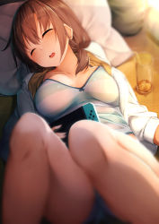 Rule 34 | 1girl, blurry, breasts, brown hair, cup, depth of field, drinking glass, closed eyes, highres, large breasts, long hair, original, rerrere, sleeping, solo