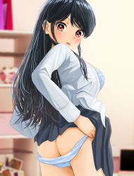 Rule 34 | 1girl, absurdres, ass, black hair, black skirt, blush, brown eyes, clothes lift, dressing, from behind, highres, indoors, lifting own clothes, long hair, looking at viewer, looking back, nao suke, open mouth, original, panties, panty pull, pulling own clothes, school uniform, shirt, skirt, skirt lift, solo, underwear, uniform, white panties, white shirt