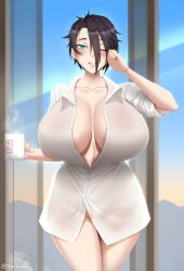 Rule 34 | 1girl, black hair, blue eyes, breasts, cleavage, cup, curvy, hair over one eye, highres, holding, holding cup, huge breasts, looking at viewer, messy hair, mug, no pants, one eye closed, original, partially unbuttoned, saya (twrlare), see-through, shirt, short hair, sleepy, smile, solo, standing, steam, thighs, twrlare, unbuttoned, unbuttoned shirt, wide hips