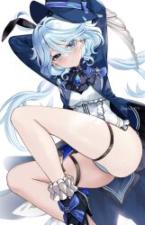 Rule 34 | 1girl, ahoge, animal ears, arms behind head, arms up, ascot, blue eyes, blue hair, blue hat, blue jacket, blush, breasts, brooch, fake animal ears, furina (genshin impact), genshin impact, hair between eyes, hat, high heels, highres, jacket, jewelry, leotard, light blue hair, long hair, long sleeves, looking at viewer, multicolored hair, open clothes, open jacket, playboy bunny, rabbit ears, seiru (prairie), small breasts, solo, streaked hair, swept bangs, thigh strap, thighs, top hat, twintails, white hair, white leotard