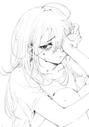 Rule 34 | ahoge, chinese commentary, closed mouth, commentary request, crying, crying with eyes open, greyscale, hair between eyes, highres, hugging own legs, long hair, monochrome, nacl 022, original, short sleeves, sidelocks, simple background, tears, white background, wiping tears