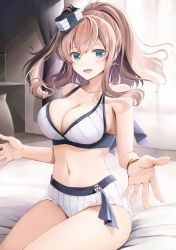 Rule 34 | 1girl, absurdres, armband, bed, bed sheet, bikini, blue eyes, breasts, brown hair, cleavage, curtains, hair between eyes, hair ornament, highres, kantai collection, large breasts, long hair, looking at viewer, open hands, open mouth, pillow, ponytail, saratoga (kancolle), side ponytail, sidelocks, sitting, smile, smokestack, solo, swimsuit, two-tone bikini, white bikini, yunamaro