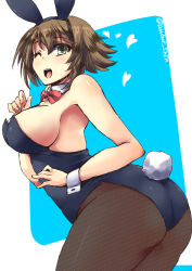 Rule 34 | 10s, 1girl, alternate costume, animal ears, ass, backless outfit, bare shoulders, breasts, fake animal ears, fishnet pantyhose, fishnets, flipped hair, green eyes, kantai collection, large breasts, leotard, light brown hair, looking at viewer, mutsu (kancolle), off shoulder, one eye closed, open mouth, pantyhose, playboy bunny, rabbit ears, rabbit tail, shinshin, short hair, sideboob, smile, solo, tail