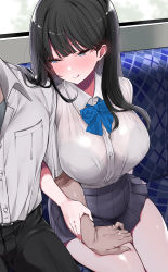 Rule 34 | 1boy, 1girl, :q, absurdres, black hair, blue eyes, blue neckwear, blunt bangs, blush, bow, bowtie, bra, bra visible through clothes, breasts, couch, guiding hand, hand on another&#039;s thigh, hetero, highres, huge breasts, long hair, mitsudoue, naughty face, original, pleated skirt, school uniform, see-through, see-through silhouette, sitting, skirt, solo focus, tongue, tongue out, underwear