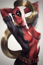 Rule 34 | 1girl, arms up, belt, blonde hair, bodysuit, breasts, highres, impossible bodysuit, impossible clothes, kibiko sato, lady deadpool, long hair, looking at viewer, marvel, mask, skin tight, solo, very long hair, wanda wilson