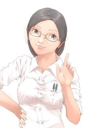 Rule 34 | 1girl, akinbo (hyouka fuyou), black hair, blue eyes, breasts, glasses, hand on own hip, index finger raised, looking at viewer, nurse, original, parted bangs, rimless eyewear, short hair, short sleeves, simple background, solo, white background