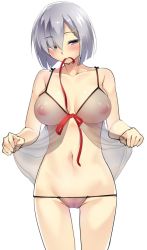 Rule 34 | 10s, 1girl, babydoll, blue eyes, blush, breasts, cameltoe, collarbone, covered erect nipples, female focus, grey eyes, hair ornament, hairclip, hamakaze (kancolle), kantai collection, large breasts, lingerie, looking at viewer, mouth hold, navel, puffy nipples, ribbon, see-through, short hair, silver hair, simple background, solo, tomohiro kai, underwear, untying, white background