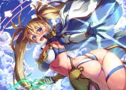 Rule 34 | 1girl, :d, armor, ass, bikini, blonde hair, blue bikini, blue eyes, blue sky, blush, blush stickers, bradamante (fate), braid, breasts, cleavage, cloud, elbow gloves, fate/grand order, fate (series), faulds, french braid, gloves, hair between eyes, hair ornament, halo, highleg, highleg bikini, hip focus, holding, holding weapon, jacket, jacket on shoulders, large breasts, long hair, looking at viewer, looking back, open mouth, outstretched arm, satou (kuso-neet), sky, smile, solo, swimsuit, thigh strap, thighs, twintails, twisted torso, two-tone bikini, very long hair, weapon, white bikini, wide hips