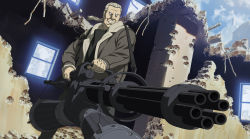 Rule 34 | 00s, 1boy, absurdres, batou (gits), gatling gun, ghost in the shell, ghost in the shell stand alone complex, gun, highres, huge weapon, male focus, minigun, outdoors, ponytail, sky, solo, weapon