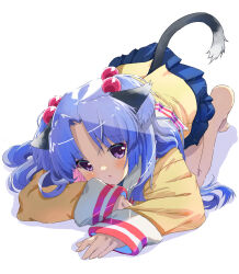 Rule 34 | 1girl, absurdres, all fours, animal ears, blazer, blue skirt, blush, cat ears, cat tail, clannad, feet, hair bobbles, hair ornament, highres, ichinose kotomi, jacket, long hair, long sleeves, looking at viewer, open mouth, parted bangs, purple eyes, purple hair, skirt, tail, y akayama