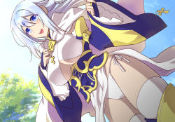 Rule 34 | 1girl, blue eyes, blush, breasts, bridal gauntlets, ckj, cloak, clothing cutout, corset, cowboy shot, cross, cross necklace, day, female focus, from below, groin, hair between eyes, hair ornament, hand on own chest, hand up, happy, highres, jewelry, large breasts, legs, light blush, long hair, looking at viewer, necklace, open mouth, original, outdoors, panties, seijo-sama to boukenshadomo no x nikkan ～seichishiki zero no seijo ni seiyoku wo moteamasu tabi～, sky, smile, solo, string panties, thighhighs, thighs, tree, underboob, underboob cutout, white hair, wide sleeves