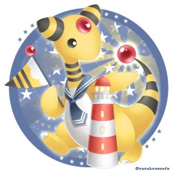Rule 34 | ampharos, artist name, black eyes, closed mouth, commentary request, creatures (company), flag, game freak, gen 2 pokemon, grey sailor collar, holding, holding stick, lighthouse, nintendo, no humans, outside border, outstretched arm, pokemon, pokemon (creature), round image, sailor collar, sasabunecafe, smile, solo, star (symbol), stick