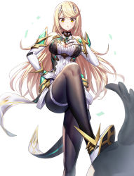 Rule 34 | 1girl, bare shoulders, black pantyhose, blonde hair, blush, breasts, chest jewel, cleavage, cleavage cutout, clothing cutout, dress, earrings, elbow gloves, gloves, highres, jewelry, large breasts, legs, long hair, mythra (massive melee) (xenoblade), mythra (xenoblade), open mouth, pantyhose, ririko (zhuoyandesailaer), short dress, solo, stepped on, swept bangs, tiara, very long hair, white background, white dress, white gloves, xenoblade chronicles (series), xenoblade chronicles 2, yellow eyes