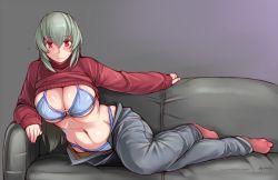 Rule 34 | 1girl, bikini, bikini under clothes, blush, breasts, cleavage, clothes lift, couch, curvy, flying sweatdrops, large breasts, navel, o-ring, o-ring bikini, aged up, red eyes, rozen maiden, silver hair, socks, solo, suigintou, sweater, sweater lift, swimsuit, swimsuit under clothes, tsuda nanafushi, unbuttoned