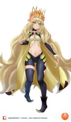Rule 34 | 1girl, alternate costume, asymmetrical pants, black footwear, black pants, black thighhighs, blonde hair, cape, celine (fire emblem), commentary, crazzeffect, crown, fire emblem, fire emblem engage, full body, green eyes, highres, leggings, long hair, long sleeves, looking at viewer, midriff, navel, nintendo, pants, shirt, shoes, simple background, single thighhigh, smile, solo, standing, stomach, thighhighs, very long hair, white background, yellow cape, yellow shirt