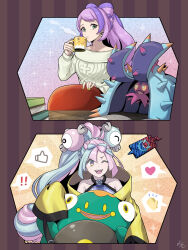 Rule 34 | !, !!, 2girls, ;d, bellibolt, book, character hair ornament, commentary request, creatures (company), cup, drinking, game freak, gen 4 pokemon, gen 7 pokemon, green eyes, green hair, grey shirt, hair ornament, hand up, heart, highres, holding, holding cup, iono (pokemon), jacket, long hair, long sleeves, min (myna8247), miriam (pokemon), mug, multiple girls, nail polish, nintendo, one eye closed, open mouth, pink hair, pokemon, pokemon (creature), pokemon sv, purple hair, rotom, rotom phone, shirt, sleeveless, sleeveless shirt, sleeves past fingers, sleeves past wrists, smile, spoken heart, steam, sweater, teeth, tongue, toxapex, upper teeth only, yellow jacket, yellow nails