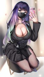 Rule 34 | 1girl, black choker, black dress, black eyes, breasts, brown pantyhose, cellphone, choker, cleavage, dress, green hair, heart, highres, holding, holding phone, jewelry, large breasts, long sleeves, looking at viewer, mask, mouth mask, multicolored hair, original, pantyhose, phone, photo-referenced, purple hair, ring, ringeko-chan, sitting, smartphone, solo