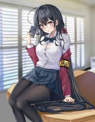 Rule 34 | 1girl, ahoge, armband, azur lane, black hair, black pantyhose, black skirt, breasts, cellphone, chinese commentary, desk, highres, holding, holding phone, indoors, jacket, large breasts, long hair, looking at viewer, miniskirt, official alternate costume, on desk, open clothes, open jacket, pantyhose, phone, pleated skirt, purple eyes, red jacket, round eyewear, school uniform, shirt, sitting, skirt, smartphone, solo, taihou (azur lane), taihou (sweet time after school) (azur lane), user hxhk7342, very long hair, white shirt, yellow armband