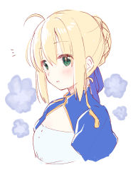 Rule 34 | 1girl, absurdres, aizawa85, artoria pendragon (all), artoria pendragon (fate), blonde hair, blue bow, blush, bow, braid, cropped torso, fate/stay night, fate (series), green eyes, hair between eyes, hair bow, hair bun, highres, parted lips, puffy sleeves, saber (fate), sidelocks, simple background, single hair bun, solo, upper body, white background