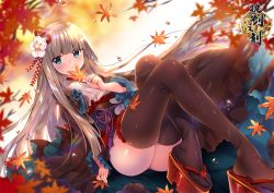 Rule 34 | 1girl, ass, autumn leaves, blue eyes, blunt bangs, blush, brown kimono, brown thighhighs, commentary request, copyright request, flower, frilled sleeves, frills, hair flower, hair ornament, holding, holding leaf, japanese clothes, kimono, leaf, light brown hair, long hair, long sleeves, looking at viewer, obi, official art, parted lips, platform clogs, platform footwear, red footwear, sandals, sash, solo, thighhighs, usagihime, very long hair, water drop, white flower, wide sleeves, zouri