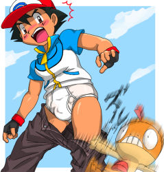 Rule 34 | 1boy, ash ketchum, briefs, bulge, classic fly briefs, clothes pull, creatures (company), embarrassed, game freak, male focus, male underwear, nintendo, pants, pants pull, pokemon, pokemon (anime), underwear, white briefs