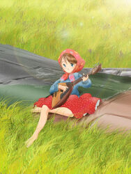 Rule 34 | 1girl, after battle, aircraft, airplane, balalaika (instrument), barefoot, battle of kursk, blue eyes, blush, brown hair, celebration, commentary request, debris, good end, grass, guitar, head scarf, holding, holding guitar, holding instrument, instrument, military, music, original, playing instrument, real life, retro artstyle, ruins, russia, russian clothes, saki jun&#039;ya, scarf, sitting, sketch, skirt, victory, world war ii, wreckage