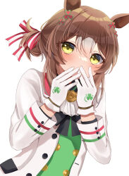 Rule 34 | 1girl, absurdres, animal ears, ascot, blush, brown hair, buttons, commentary, covering own mouth, double-breasted, fine motion (umamusume), gloves, green vest, hair between eyes, highres, horse ears, horse girl, jacket, kaoru (h8qm9), long sleeves, looking at viewer, multicolored hair, short hair, simple background, solo, streaked hair, umamusume, upper body, vest, white ascot, white background, white gloves, white hair, white jacket, yellow eyes