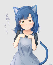 Rule 34 | 1girl, animal ear fluff, animal ears, basa rutan, black shirt, blue hair, blush, braid, breasts, cat ears, cat girl, cat tail, closed mouth, crown braid, dress, grey background, grey dress, hands up, idolmaster, idolmaster million live!, kemonomimi mode, long hair, looking at viewer, nanao yuriko, puffy short sleeves, puffy sleeves, shirt, short sleeves, signature, simple background, sleeveless, sleeveless dress, small breasts, smile, solo, tail, tail raised, translation request, yellow eyes