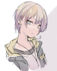 Rule 34 | 1girl, black jacket, brown eyes, brown hair, character request, cropped torso, ear piercing, earrings, grey background, hair between eyes, jacket, jewelry, kuroi (liar-player), looking at viewer, open clothes, open jacket, parted lips, piercing, project sekai, shirt, short hair, sketch, solo, stud earrings, twitter username, two-tone background, upper body, white background, white shirt