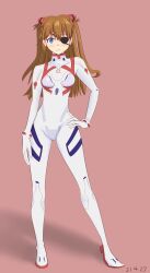 1girl blue_eyes bodysuit breasts brown_hair curvy dated evangelion:_3.0+1.0_thrice_upon_a_time eyepatch female_focus full_body hair_ornament hand_on_own_hip highres long_hair looking_at_viewer medium_breasts neon_genesis_evangelion plugsuit rebuild_of_evangelion simple_background smile solfa solo souryuu_asuka_langley standing twintails twitter_username two_side_up white_bodysuit wide_hips