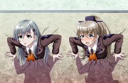 Rule 34 | 2girls, :d, ascot, brown hair, commentary request, crack, cracked wall, empty eyes, green eyes, green hair, grey eyes, hair ornament, hairclip, kabe ni hamatte ugokenai!, kantai collection, kumano (kancolle), long hair, looking at viewer, multiple girls, open mouth, parody, ponytail, smile, stuck, suzuya (kancolle), through wall, tk8d32
