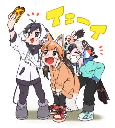 Rule 34 | 3girls, adapted costume, alternate costume, animal ear fluff, animal ears, antenna hair, appleq, arm up, arms up, black hair, blush stickers, borrowed character, brown eyes, brown hair, casual, cellphone, closed eyes, drawstring, extra ears, full body, greater roadrunner (kemono friends), grey hair, grin, hair tubes, hand in pocket, highres, holding, holding phone, hood, hood down, hoodie, jacket, japanese wagtail (kemono friends) (kitsunetsuki itsuki), kemono friends, leaning forward, light brown hair, long hair, long sleeves, looking at object, looking at phone, maned wolf (kemono friends), multicolored hair, multiple girls, open mouth, original, outstretched arm, pants, pantyhose, phone, purple eyes, selfie, shoes, sidelocks, smartphone, smile, standing, sweater, tail, taking picture, twintails, v, white hair, wolf ears, wolf tail, zipper, zipper pull tab