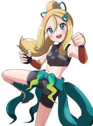 Rule 34 | 1girl, absurdres, bare shoulders, black gloves, black shorts, blonde hair, blue eyes, blue footwear, blush, clenched hand, creatures (company), fingerless gloves, game freak, gloves, hair between eyes, hair ornament, hair strand, highres, korrina (pokemon), korrina (sygna suit) (pokemon), leg up, long hair, looking at viewer, midriff, navel, nintendo, official alternate costume, open mouth, pokemon, pokemon masters ex, ponytail, rono (lethys), shorts, teeth, upper teeth only, white background