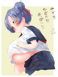 Rule 34 | 1girl, absurdres, arms at sides, backboob, black sailor collar, black skirt, blue hair, blush, breasts, closed mouth, cowboy shot, crop top, crop top overhang, embarrassed, eyes visible through hair, from side, hair bun, hair over one eye, hair ribbon, highres, huge breasts, leaning forward, looking at viewer, looking back, neckerchief, oppai loli, original, outside border, parted bangs, pedocchi, pleated skirt, red neckerchief, red ribbon, ribbon, sailor collar, school uniform, shirt, short hair, short sleeves, simple background, single hair bun, sitting, skirt, solo, sweat, translation request, underboob, undersized clothes, wavy mouth, white shirt, yellow background, yellow eyes