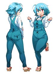 Rule 34 | 1girl, adapted costume, ahoge, alternate costume, blue eyes, blue hair, blue overalls, blush, full body, geta, heterochromia, long sleeves, looking at viewer, multiple views, open mouth, overalls, red eyes, shimizu pem, shirt, short hair, simple background, standing, standing on one leg, tatara kogasa, touhou, white background, white shirt