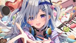 Rule 34 | 1girl, :d, amane kanata, amane kanata (work), angel wings, bandaid, bandaid on face, blue eyes, blue hair, choker, colored inner hair, grey hair, hair ornament, hairclip, halo, hand on own chest, headphones, headphones around neck, heart, heart choker, hololive, instrument, keyboard (instrument), long hair, multicolored hair, open mouth, outstretched arm, reaching, reaching towards viewer, smile, solo, star halo, summer tail720, two side up, virtual youtuber, wings