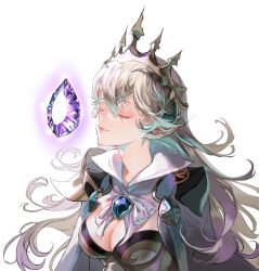 Rule 34 | 1girl, breasts, cape, cleavage, closed mouth, collar, commentary request, corrin (female) (fire emblem), corrin (female) (silent bloodline) (fire emblem), corrin (fire emblem), crown, dragonstone, fire emblem, fire emblem fates, fire emblem heroes, grey hair, lips, long hair, medium breasts, nintendo, official alternate costume, pointy ears, solo, suzuki rika, upper body, white background, white cape