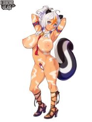 Rule 34 | 1girl, animal ears, armband, armpits, arms behind head, arms up, blue eyes, blush, bodypaint, braid, breasts, breasts apart, full body, large breasts, looking at viewer, navel, nipples, nude, ryoji (nomura ryouji), sandals, skunk, skunk ears, skunk tail, smile, solo, tail, white hair