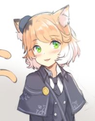 Rule 34 | 1girl, arknights, black capelet, black jacket, black necktie, blush, capelet, green eyes, hat, jacket, jalm, looking at viewer, medium hair, mini hat, mousse (arknights), multiple tails, necktie, nekomata, orange hair, smile, solo, tail, two tails, upper body