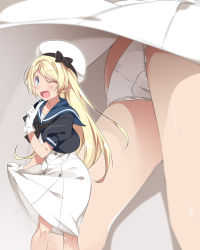Rule 34 | 1girl, blonde hair, blue eyes, blue sailor collar, clothes lift, commentary request, dress, dress lift, from below, gloves, hat, highres, index finger raised, jervis (kancolle), kantai collection, lifting own clothes, long hair, mtu (orewamuzituda), multiple views, one eye closed, open mouth, panties, sailor collar, sailor dress, sailor hat, smile, underwear, white dress, white gloves, white hat, white panties