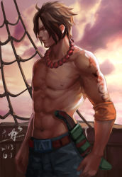 Rule 34 | 10s, 1boy, 2013, black hair, buckle, dated, elbow pads, jewelry, knife, male focus, navel, necklace, nipples, one piece, ping (caoyanping198793), portgas d. ace, sheath, sheathed, ship, topless male, short hair, shueisha, signature, solo, tattoo, watercraft