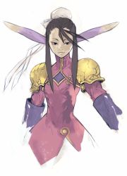 Rule 34 | 1girl, animal ears, black eyes, black hair, breasts, breath of fire, breath of fire iv, bun cover, closed mouth, dress, eyeshadow, gloves, highres, kannoaki, looking at viewer, makeup, short hair, simple background, solo, ursula (breath of fire), white background