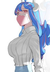 Rule 34 | 1girl, ahoge, blue hair, blue skirt, collared shirt, covered mouth, curled horns, dinosaur girl, horns, long hair, mask, mouth mask, multicolored hair, one piece, pink eyes, pink hair, pink mask, raine (acke2445), shirt, shirt tucked in, skirt, solo, streaked hair, ulti (one piece), white shirt