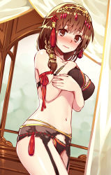 Rule 34 | 1girl, blush, braid, breasts, brown eyes, brown hair, commentary request, cowboy shot, dutch angle, embarrassed, from below, garter straps, hair ornament, hair over shoulder, hairband, highres, indoors, kibamigohann, large breasts, lingerie, looking at viewer, looking down, navel, nose blush, original, solo, standing, tears, tiara, underwear