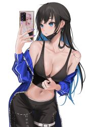 Rule 34 | 1girl, bare shoulders, black pants, black shirt, blue jacket, breasts, cellphone, cleavage, clothes pull, collarbone, cowboy shot, crop top, earrings, hand up, highres, holding, holding phone, jacket, jewelry, long sleeves, mask, mask pull, medium breasts, midriff, mole, mole on cheek, mouth mask, myabit, nail polish, navel, off shoulder, open clothes, open jacket, original, pants, phone, pulled by self, selfie, shirt, shirt pull, simple background, sleeveless, sleeveless shirt, smartphone, solo, stomach, thigh strap, white background