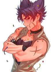 Rule 34 | 1boy, camp buddy, choker, closed mouth, collar, collarbone, confetti, crossed arms, cseighteen, embarrassed, fingerless gloves, gloves, looking at viewer, male focus, muscular, muscular male, partially unbuttoned, pectoral cleavage, pectorals, purple hair, scar, simple background, sleeveless, solo, spiked hair, vest, white background, yoichi yukimura