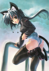 Rule 34 | 1girl, animal ears, ass, black thighhighs, boots, casual, cat ears, cat tail, clothing cutout, cutoffs, denim, denim shorts, duplicate, fake animal ears, from behind, highres, legs, looking back, micro shorts, miwa yoshikazu, original, short shorts, shorts, solo, tail, tail through clothes, thighhighs, torn clothes